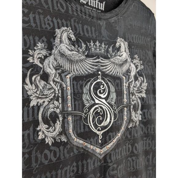 VTG Y2K Sinful Affliction Womens Black Graphic Print Rock Gothic Bling Crest Tee - Picture 3 of 8